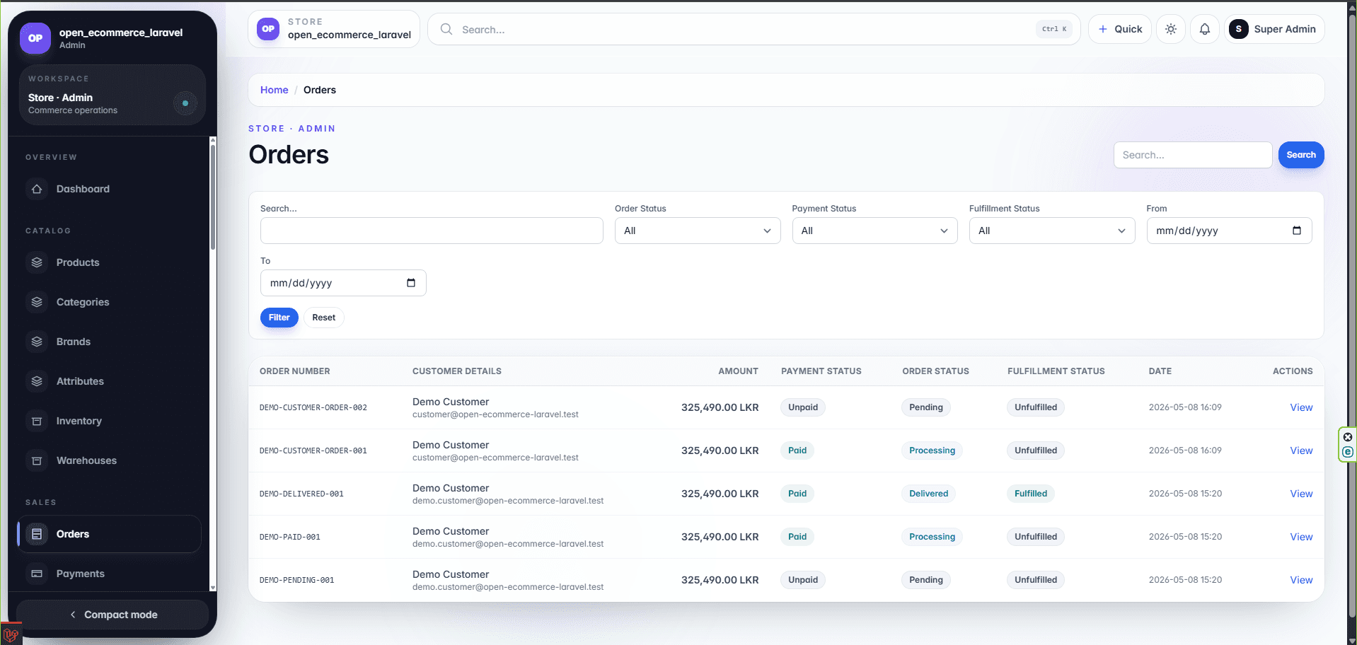 Open Ecommerce admin orders table with filters, payment status, order status, and fulfillment status.