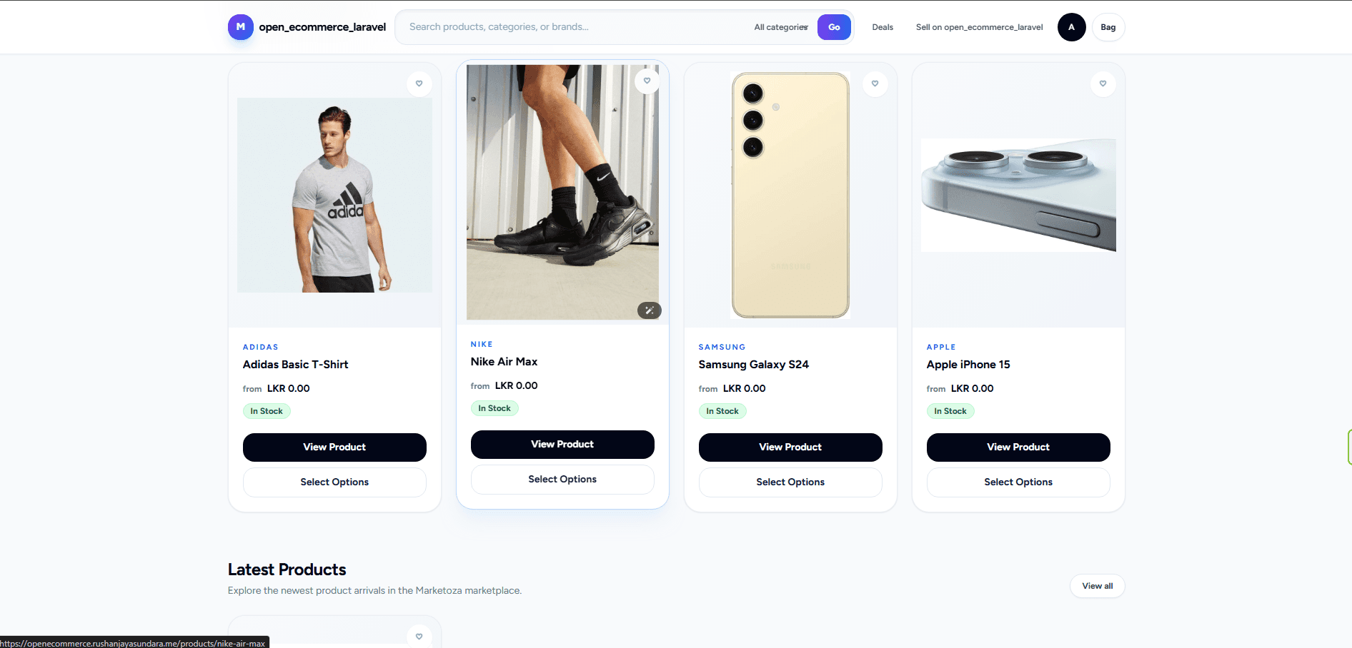 Open Ecommerce storefront product grid with product cards and browse actions.